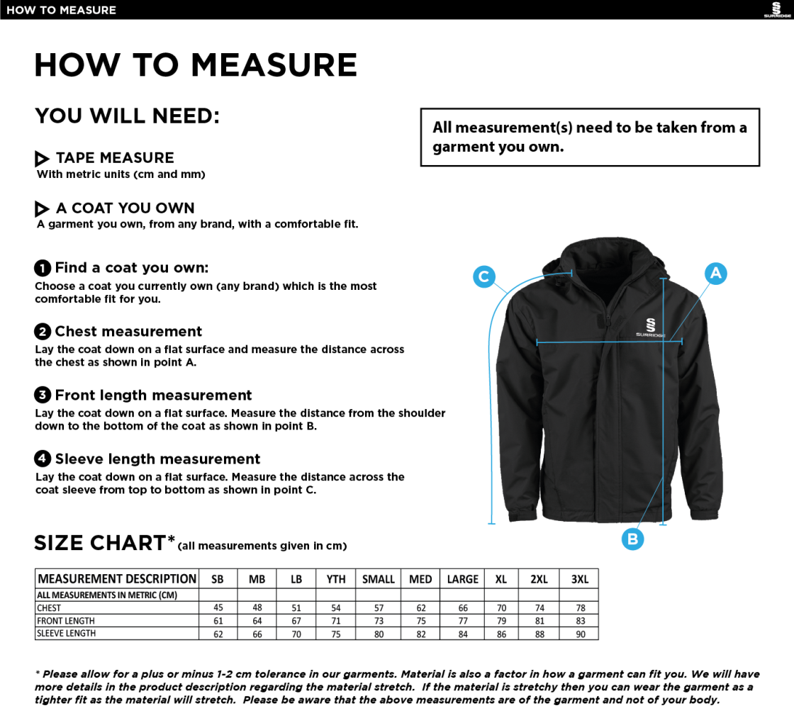 AC Squirrels Fleeced Line Jacket - Size Guide