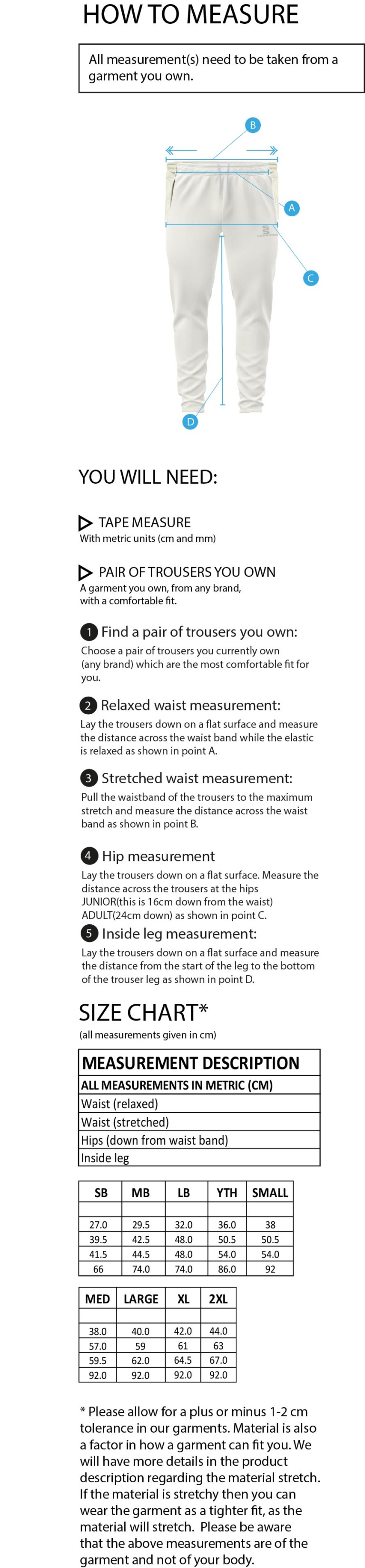 AC Squirrels CC Tek Playing Pant - Size Guide