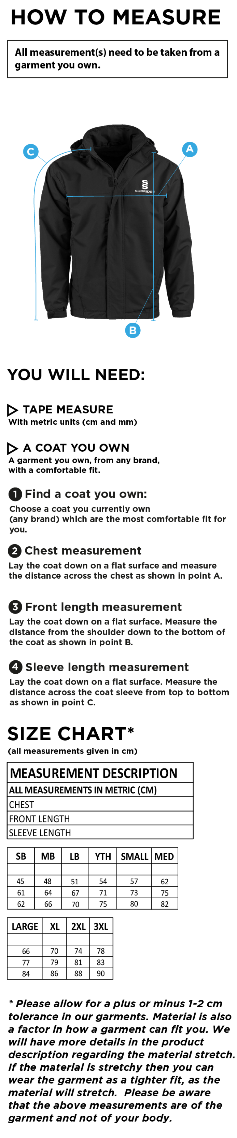 AC Squirrels Fleeced Line Jacket - Size Guide